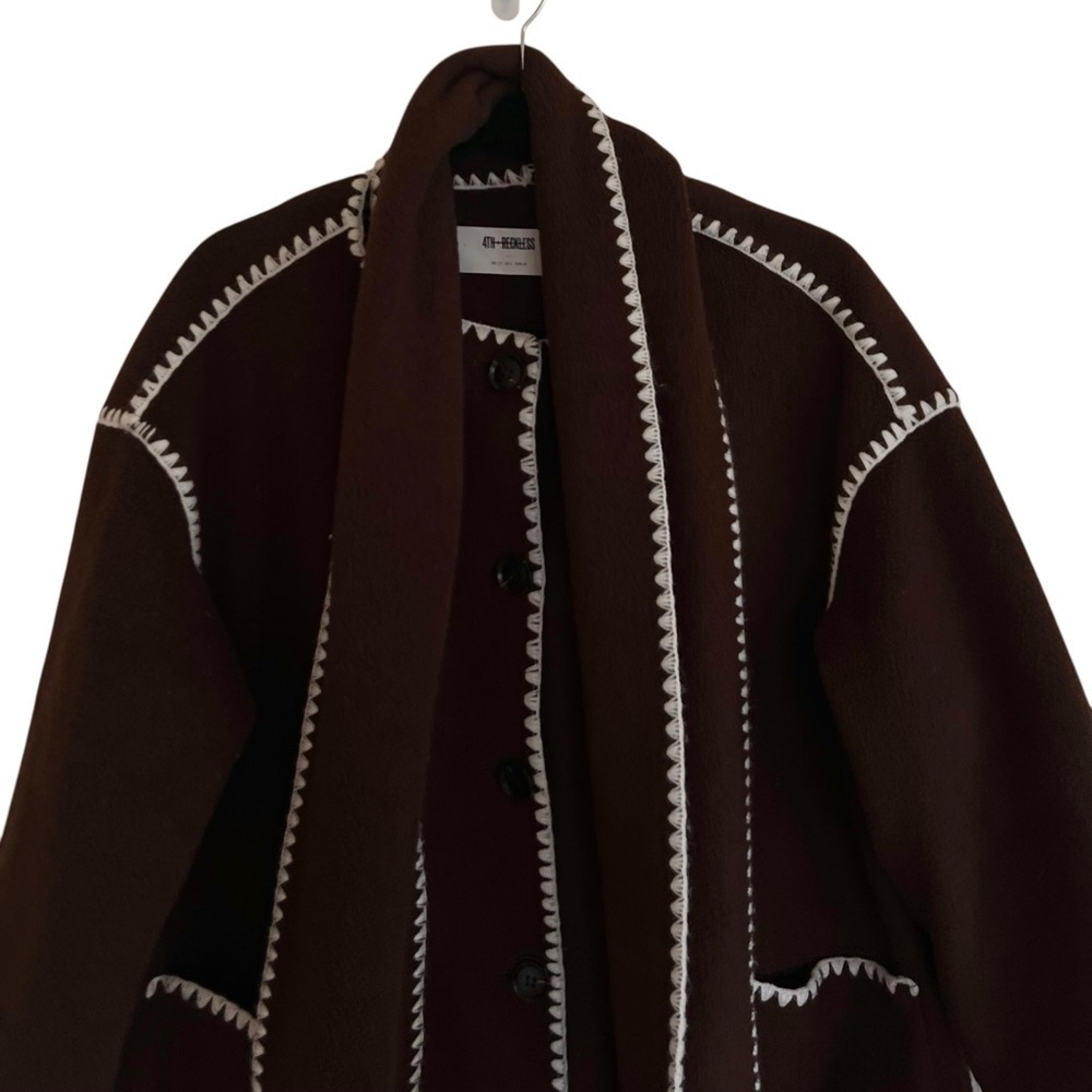 4th and Reckless Fable Chocolate Brown Contrast Stitch Longline Scarf Coat Large - Picture 3 of 12